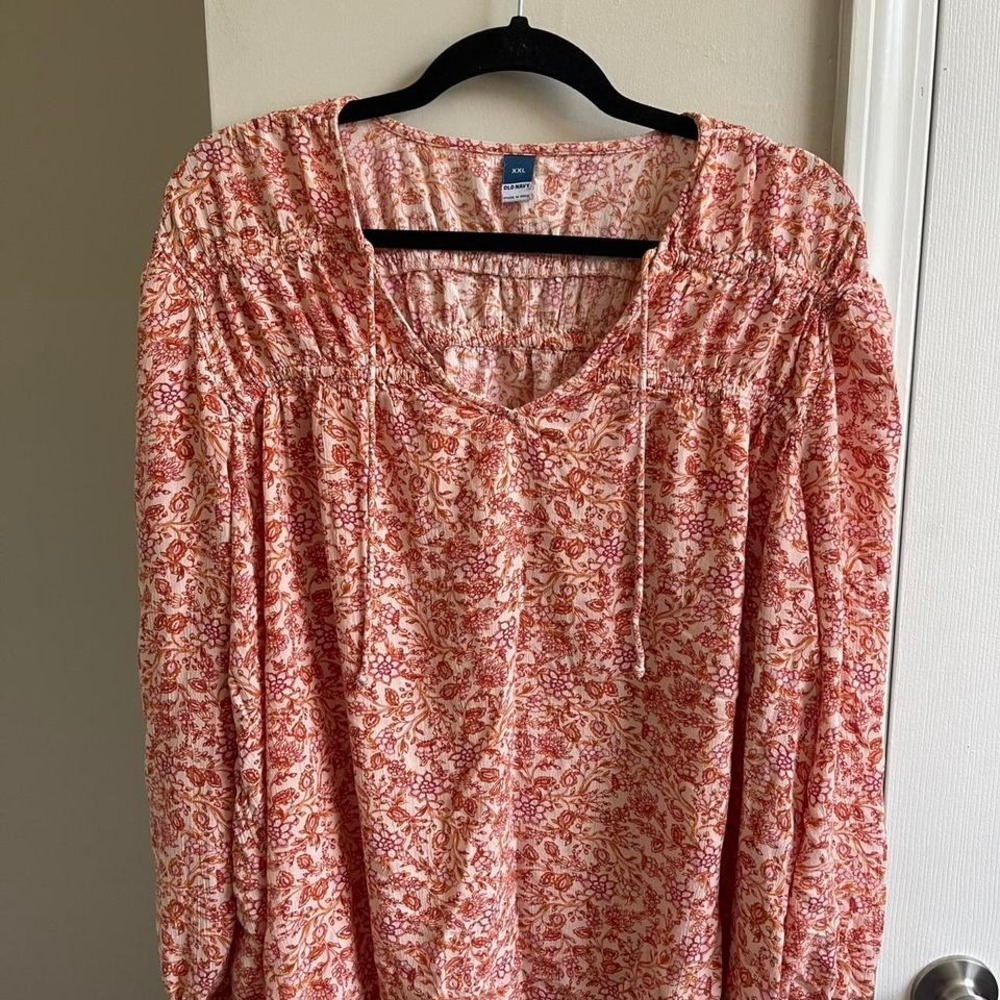 Old Navy XXL Pink Orange Floral Smocked Peasant Blouse Long Sleeve Rayon Top